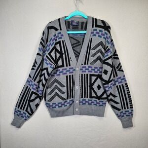 Barnaby Abstract Geometric Print Cardigan Sweater Gray Black Purple Men's